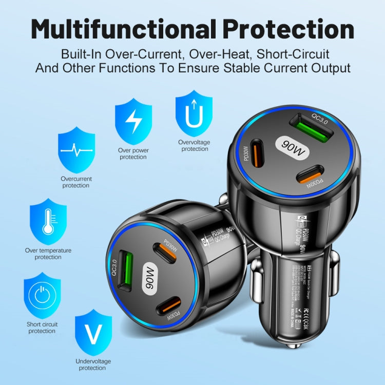 90W Super Fast Charging USB-C Car Charger Dual PD 30W+QC3.0 Charging Station(Black) by buy2fix