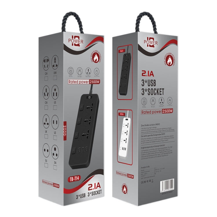 T14 2m 2500W 3 Plugs + 3-USB Ports Multifunctional Socket With Switch, Specification: UK Plug (Black) by buy2fix