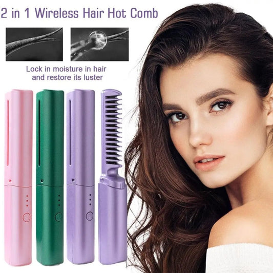 2 In 1 Portable USB Rechargeable Hair Curler Dual Usage Hair Straightening Comb(Purple) by buy2fix