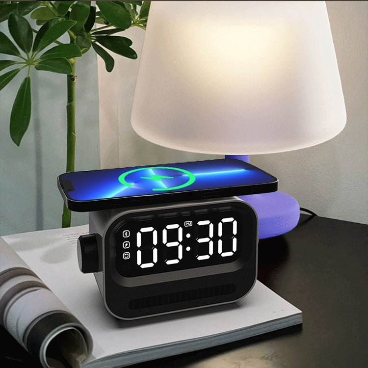 15W 3-In-1 Ambient Light Digital Display Clock Bluetooth Speaker Magnetic Wireless Charger(Black) by buy2fix