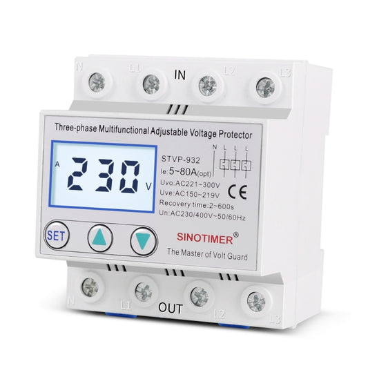 SINOTIMER STVP-932 50A 3-phase 380V LCD Self-resetting Adjustable Surge Voltage Protector by SINOTIMER