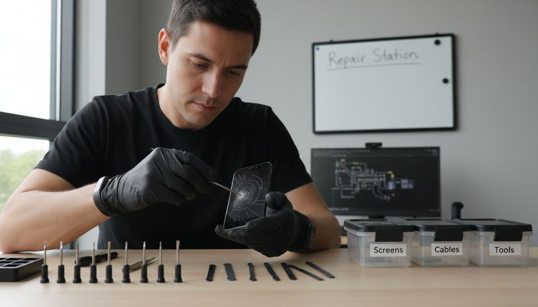 Technician replaces phone screen in repair workspace