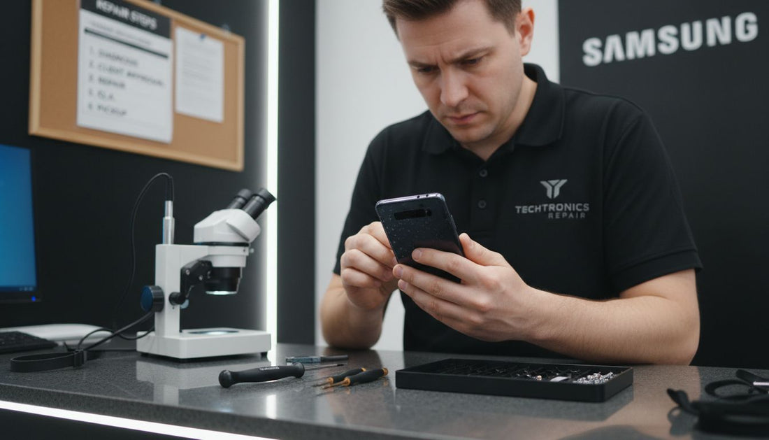 Technician inspecting water-damaged Samsung phone