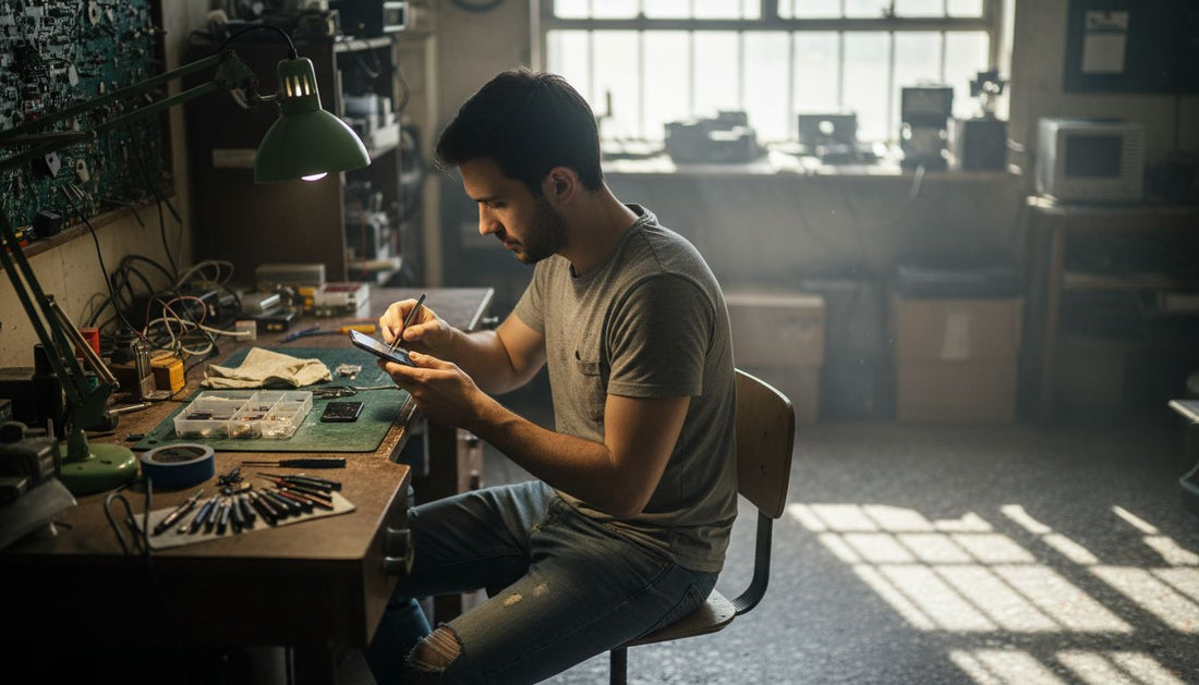 Technician inspecting cracked phone screen at workbench
