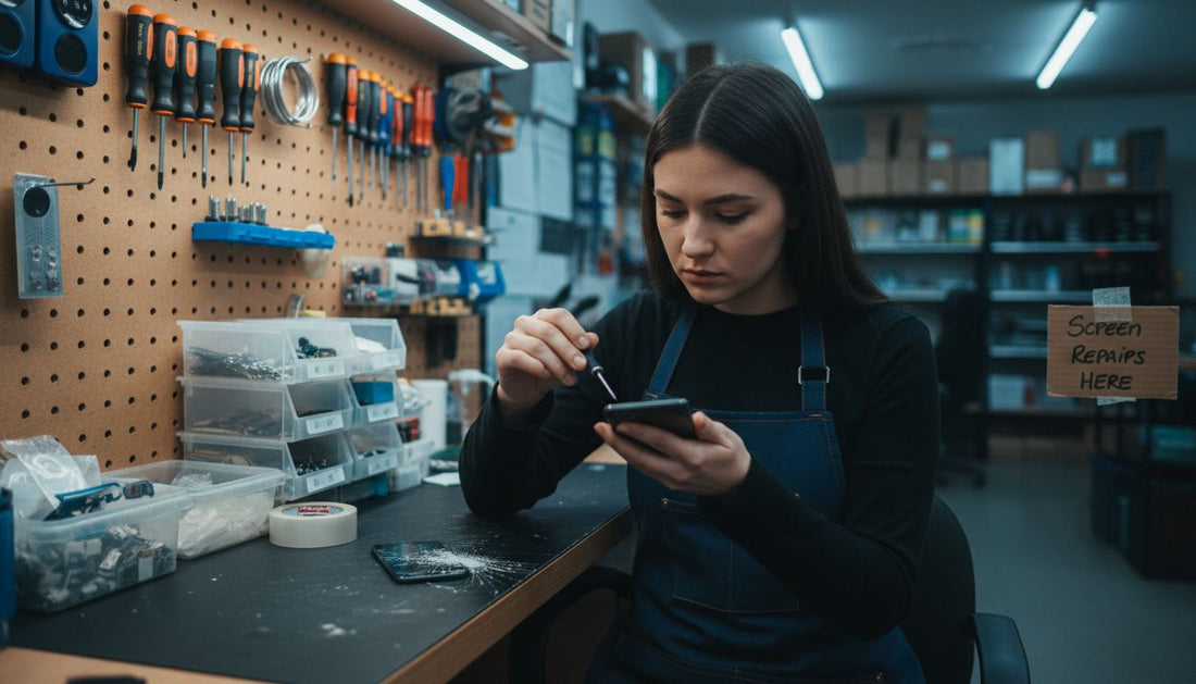 Technician repairing cracked phone LCD screen