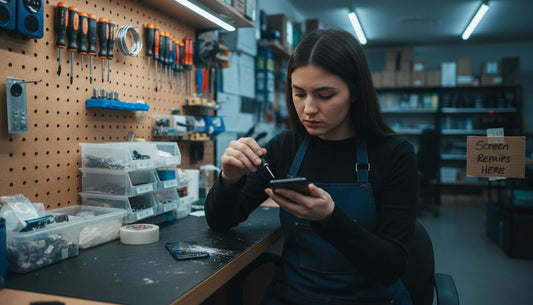 Technician repairing cracked phone LCD screen