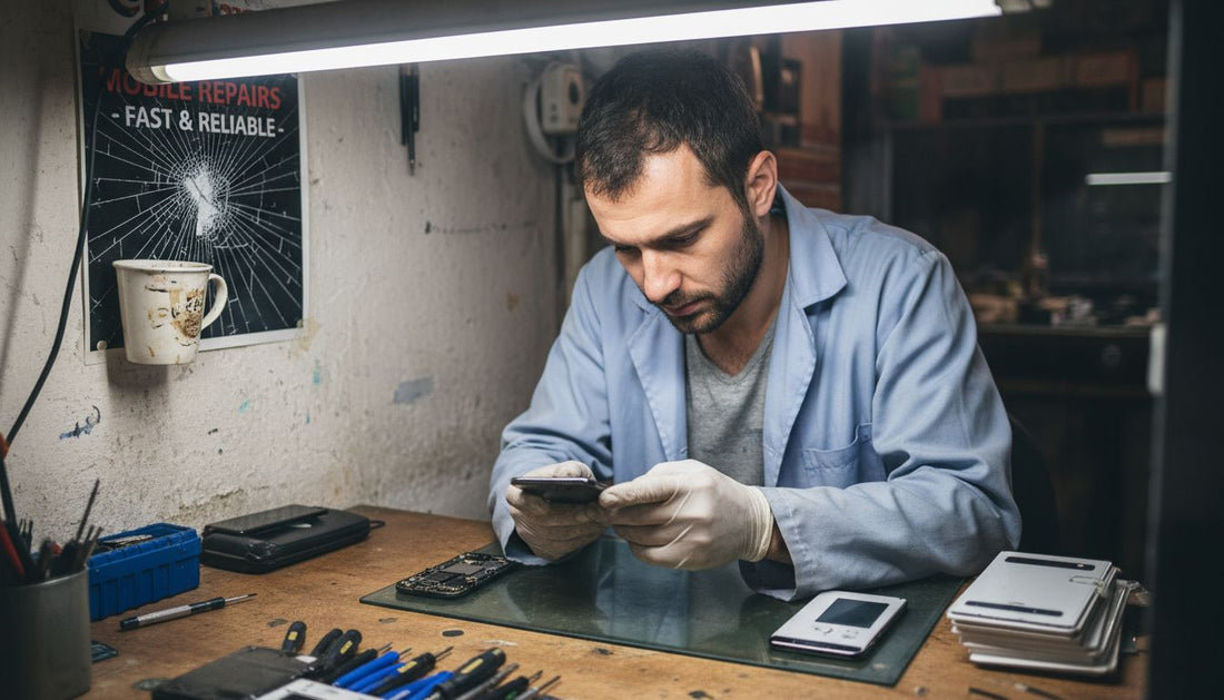 Technician examines LCD screen on cluttered desk