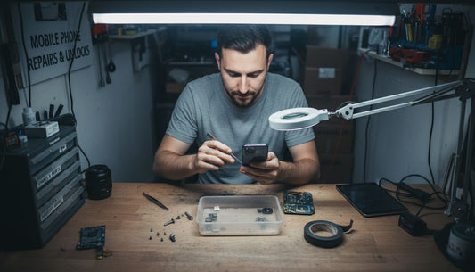 Technician repairing iPhone 12 camera glass