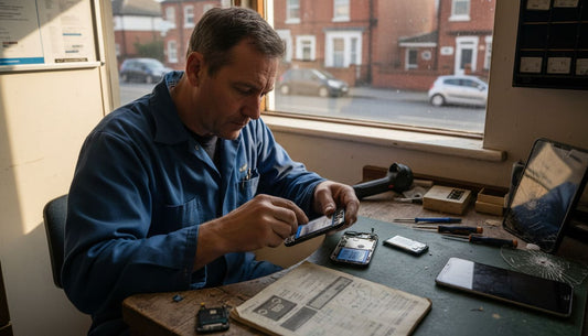 Technician replacing smartphone battery in workshop