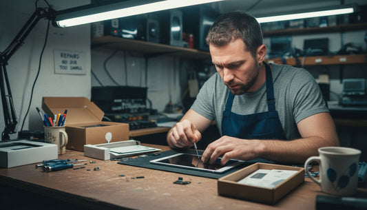 Technician fixing tablet at cluttered workbench