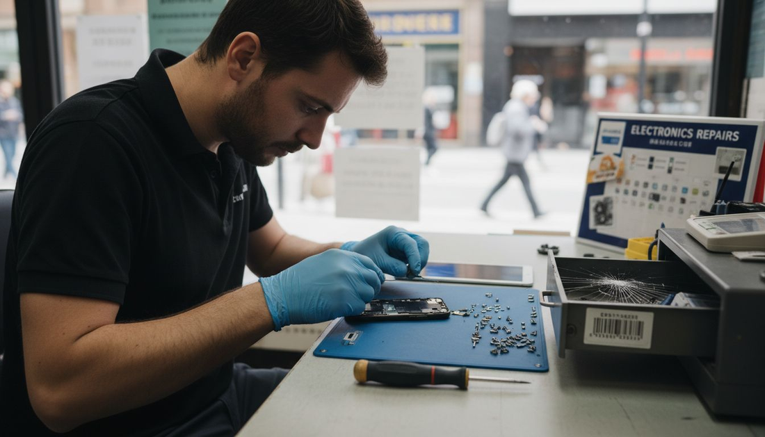 Technician examining phone in repair shop