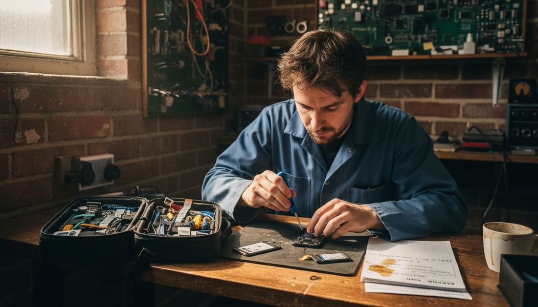 Technician replacing phone battery at workbench
