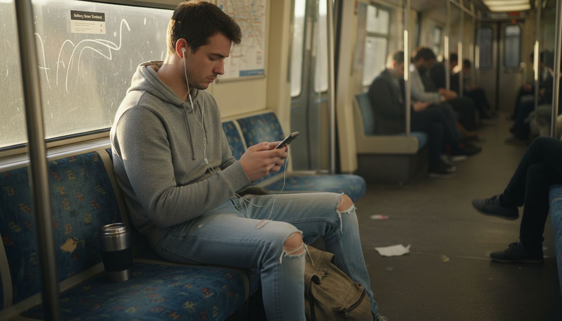 Commuter managing phone battery on subway train