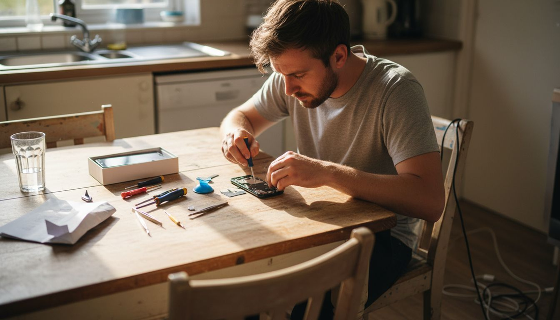 Man repairing iPhone XR screen at home