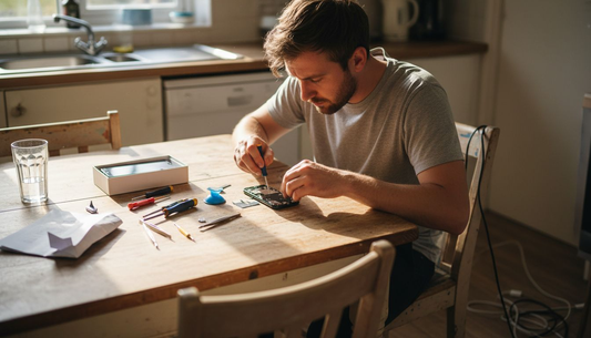 Man repairing iPhone XR screen at home