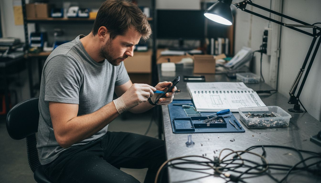 Technician repairing smartphone at cluttered workbench