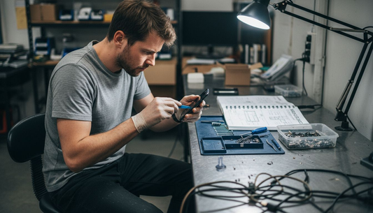 Technician repairing smartphone at cluttered workbench