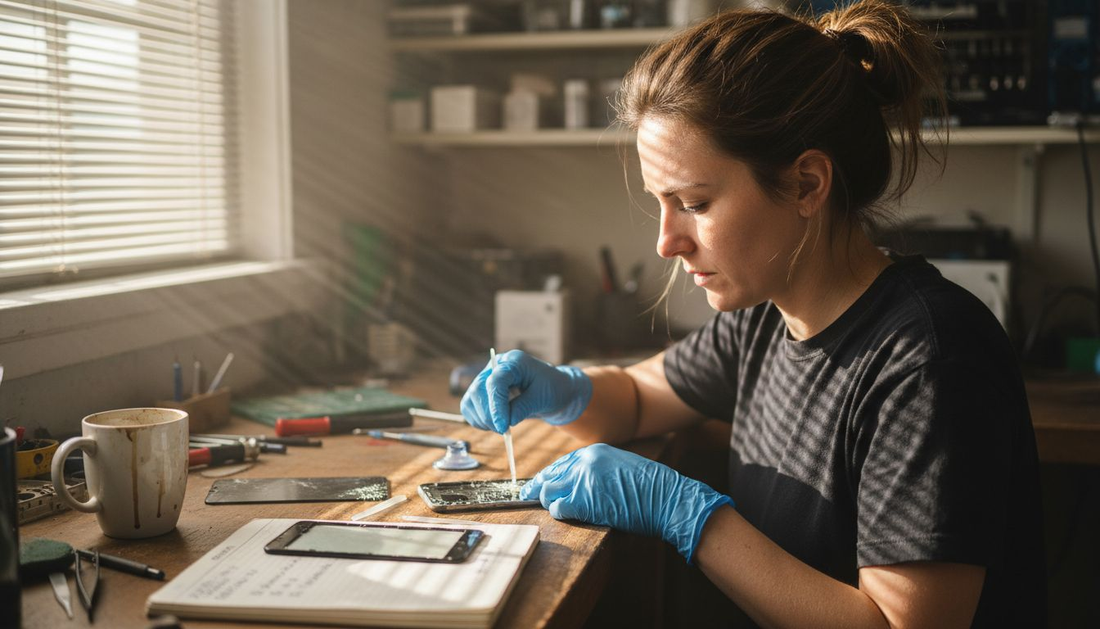 Technician repairing smartphone screen in repair shop