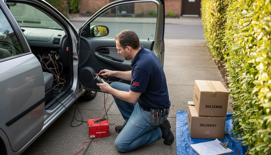 Car stereo installer checking audio wiring in driveway