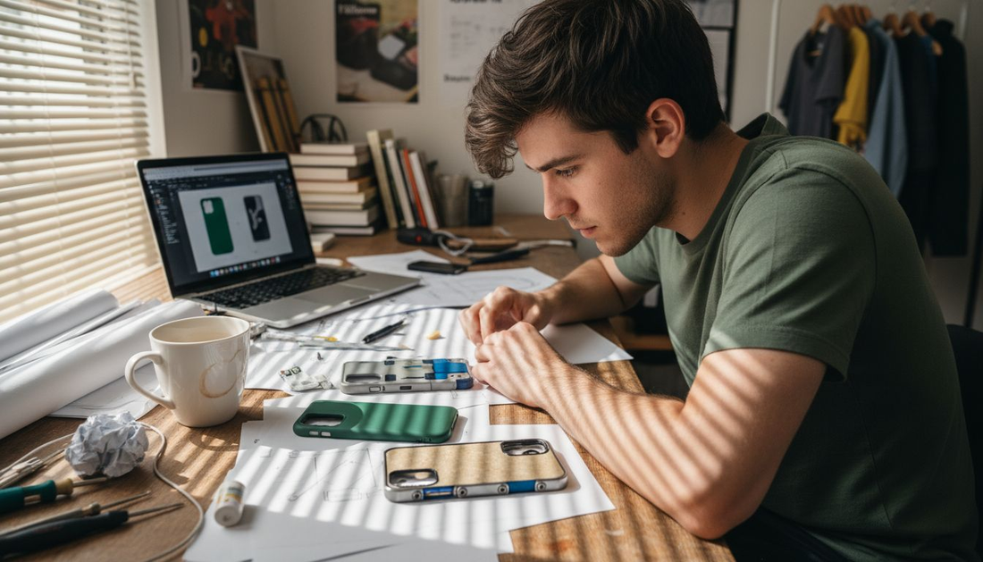 Designer reviewing innovative phone case prototypes