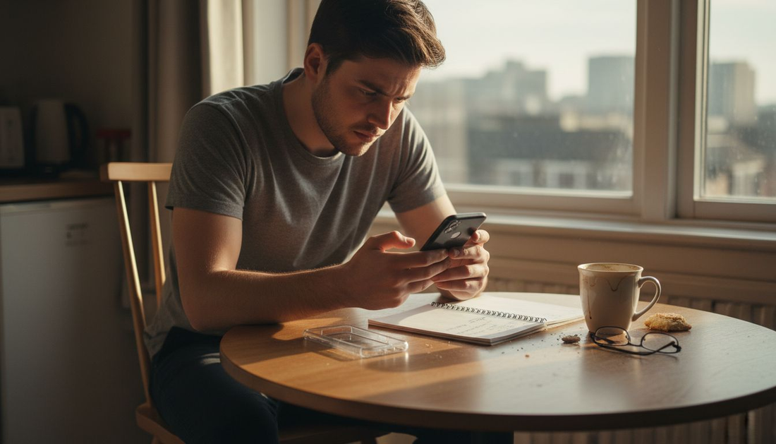 Man checking phone model at kitchen table