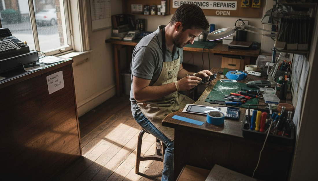 Technician inspecting cracked smartphone screen
