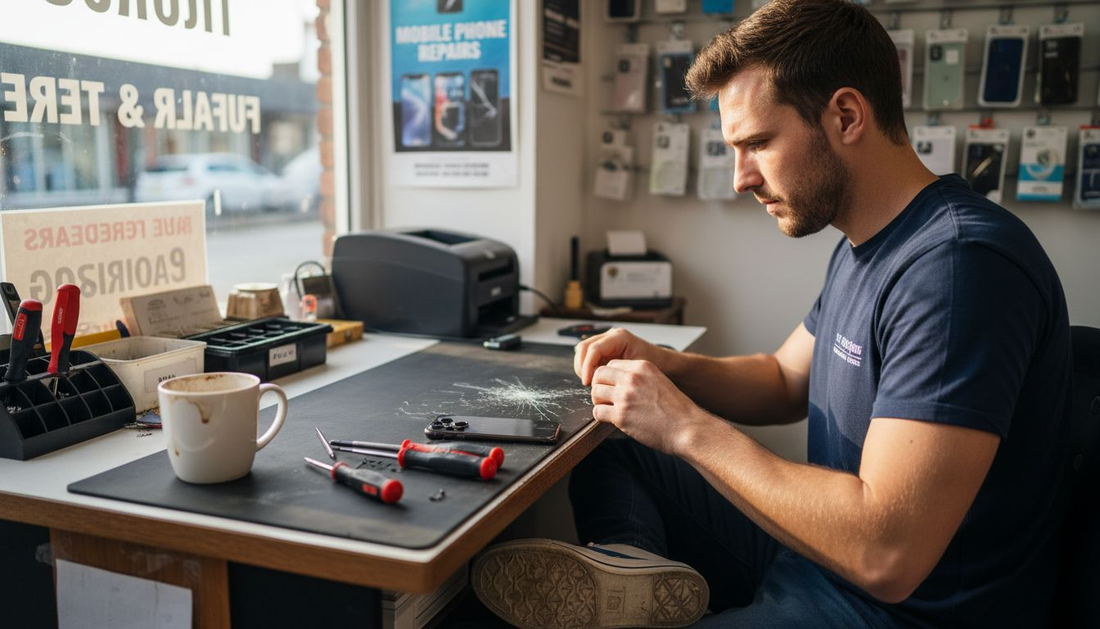 Technician prepares iPhone 12 Pro Max for repair
