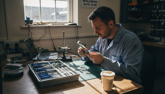 Technician inspecting phone part at repair bench