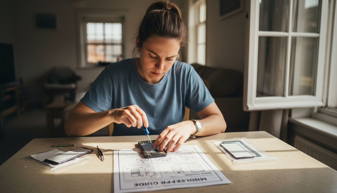 DIY smartphone repairer working at home table