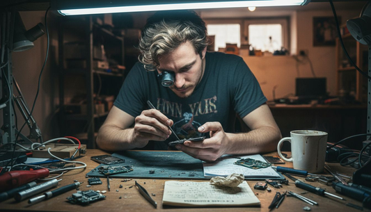 Technician inspecting smartphone motherboard at desk