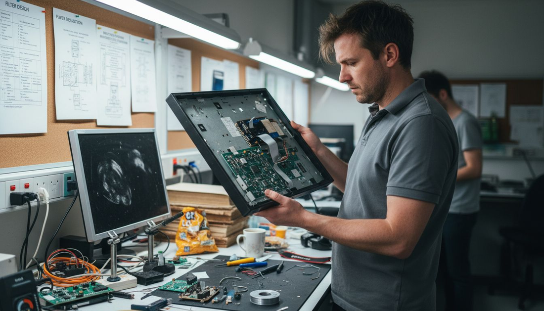 Engineer examining disassembled LCD monitor in lab