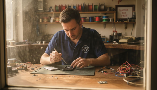 Technician inspecting phone for battery replacement
