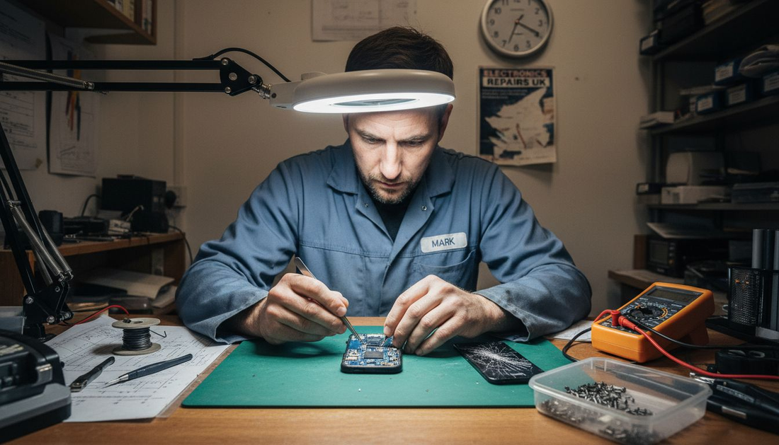 Technician examining smartphone motherboard at cluttered workbench