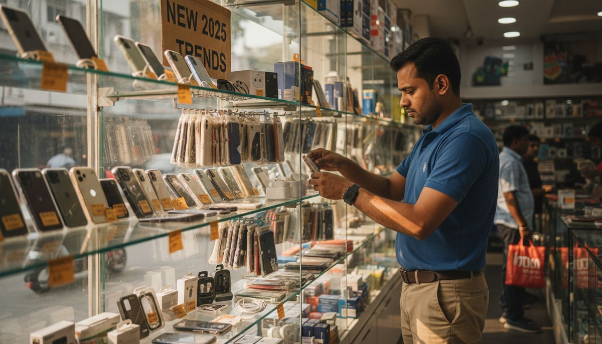 Store manager arranging mobile accessories display