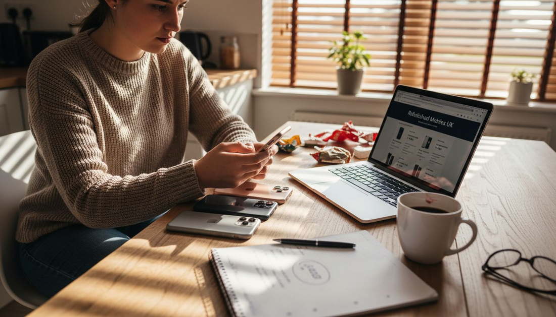 Person comparing refurbished iPhones at kitchen table