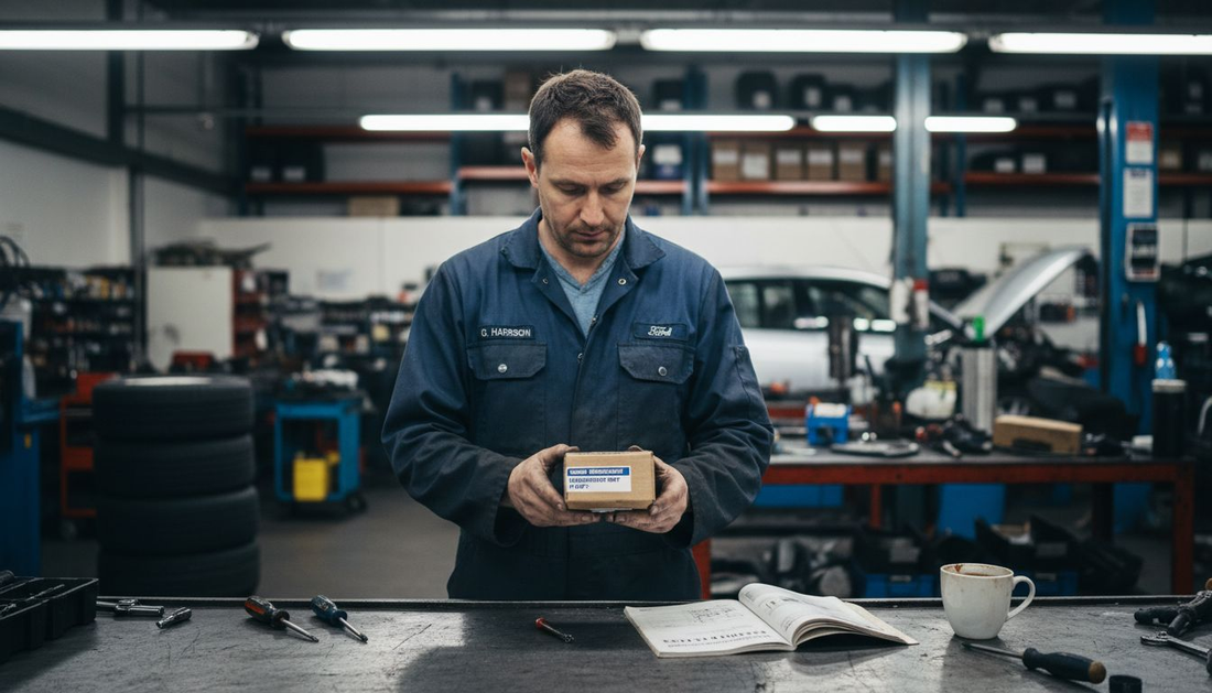 Mechanic closely examining replacement part box