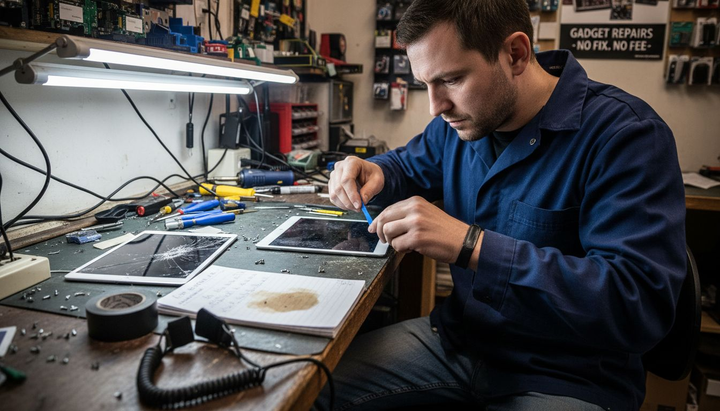 Technician repairing tablet on cluttered bench