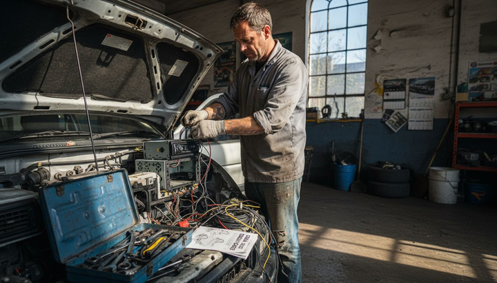 Technician installing auto electronics in garage