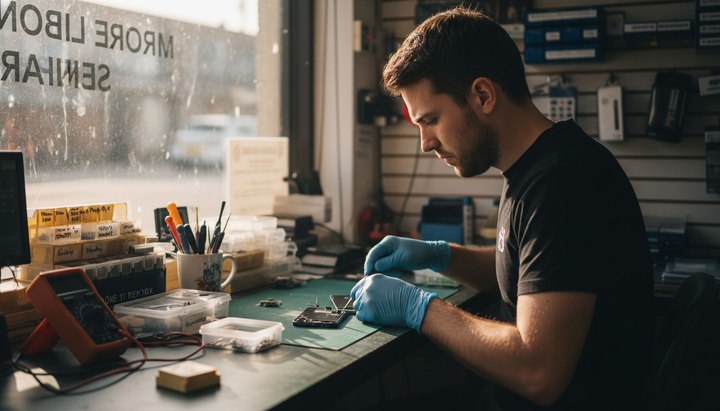 Technician removing iPhone 11 Pro Max cracked screen
