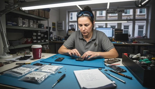 Technician inspecting smartphone in busy repair shop