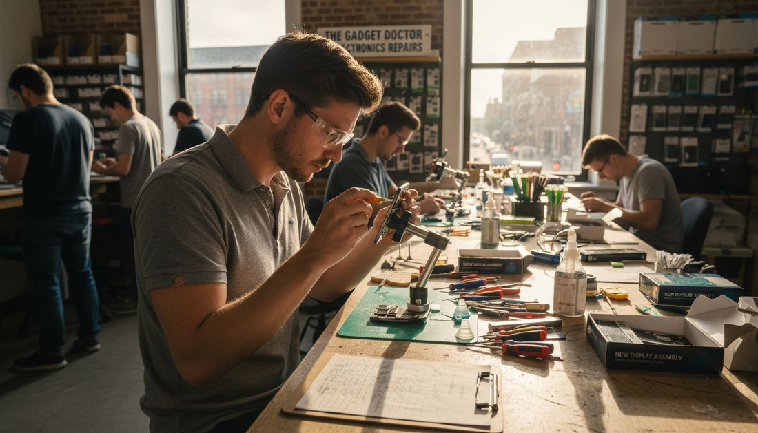 Technician inspecting smartphone screen repair