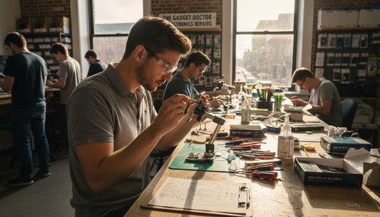 Technician inspecting smartphone screen repair