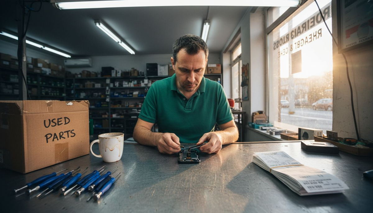 Technician repairing smartphone on busy workbench