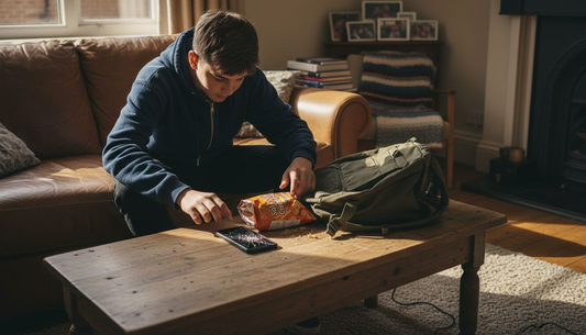 Teenager looking at cracked phone on table