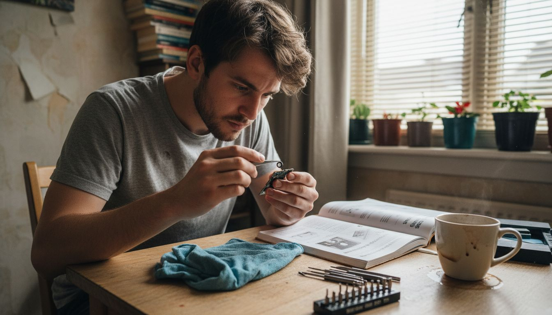 DIY phone camera repair scene at kitchen table