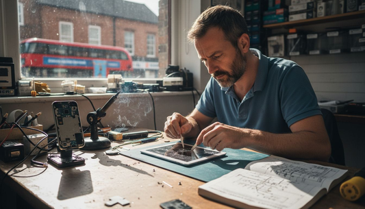 Technician repairing tablet at crowded workbench