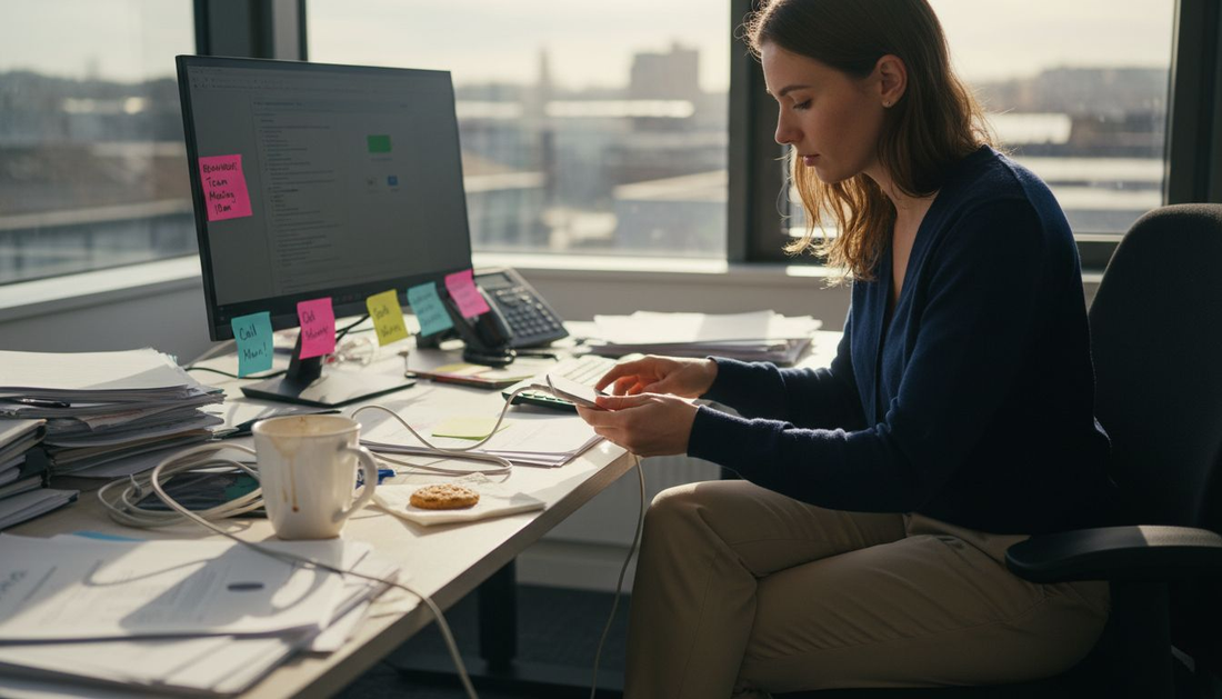 Person setting up phone accessories in office
