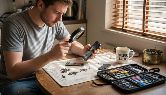 Person inspecting cracked phone screen on table