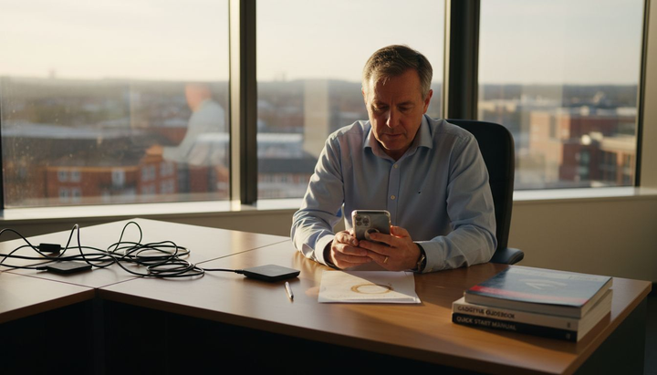 Man examines phone with accessories in office