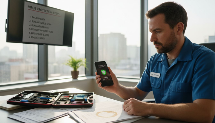 Cell phone technician running antivirus scan in office